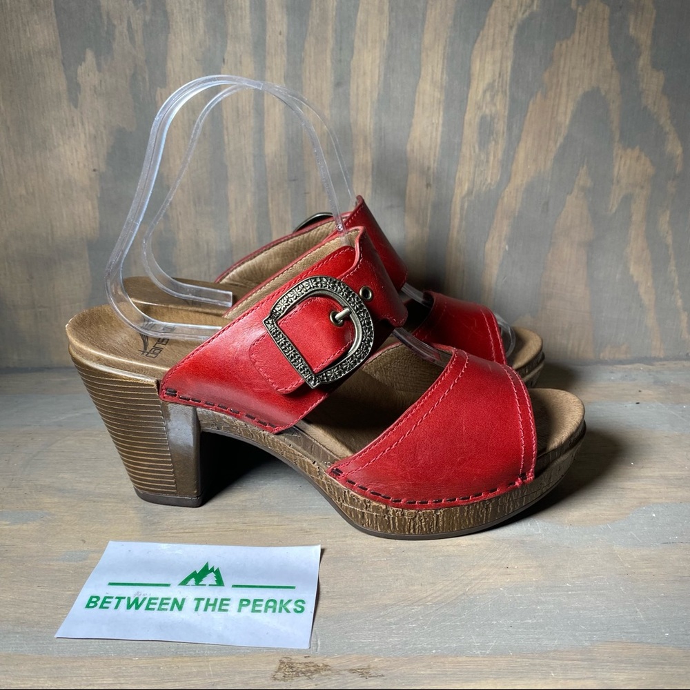 Dansko Red Leather Heeled Sandals with Buckle